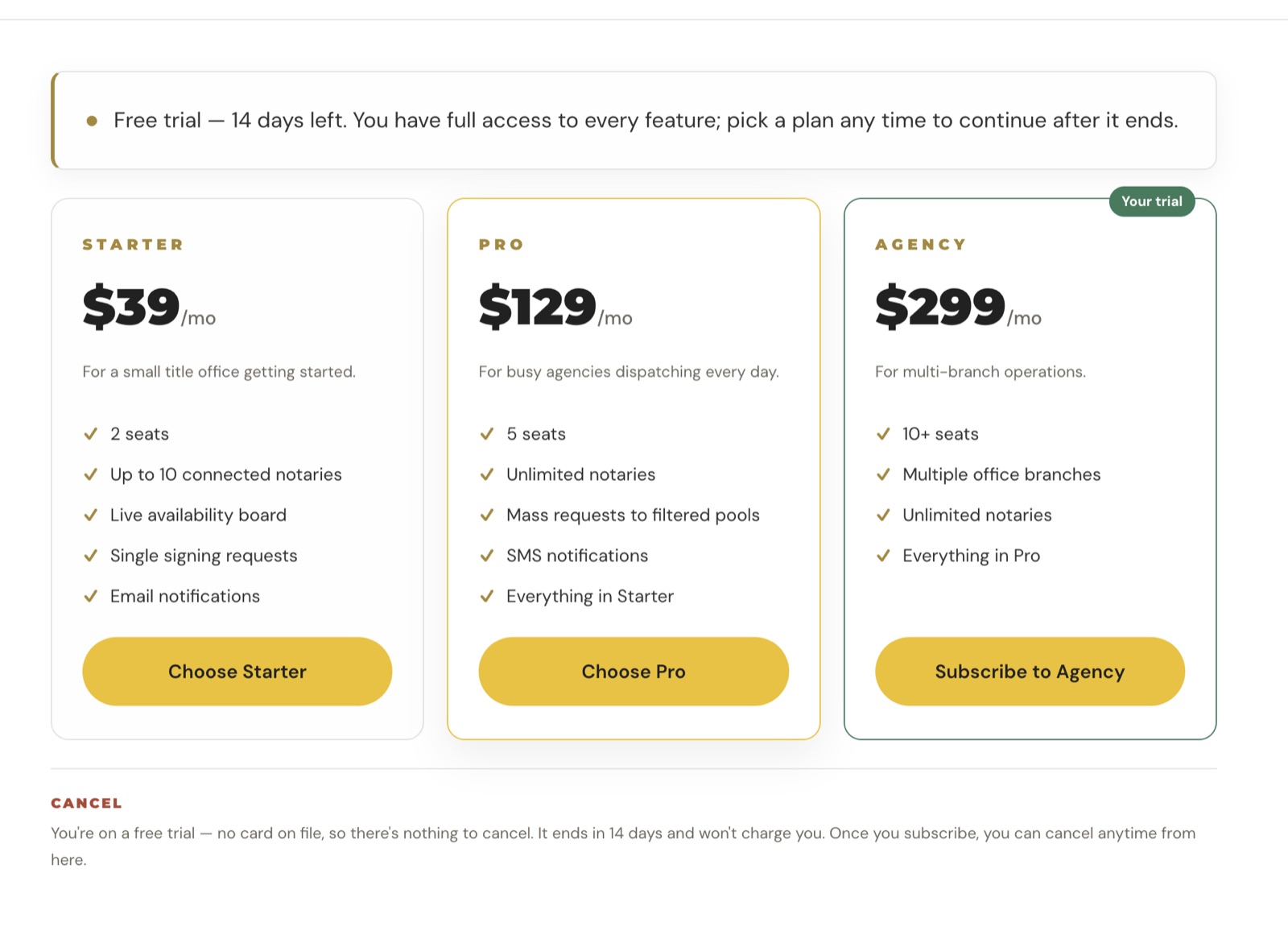 The Billing page with the three plans