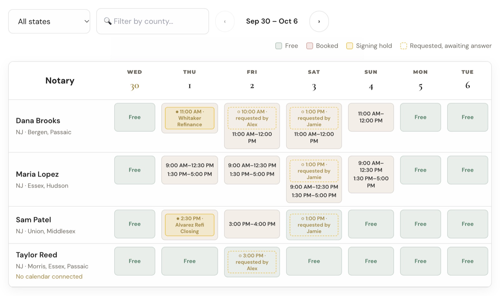 The availability board showing free days, booked times, gold signing holds and dashed requested markers