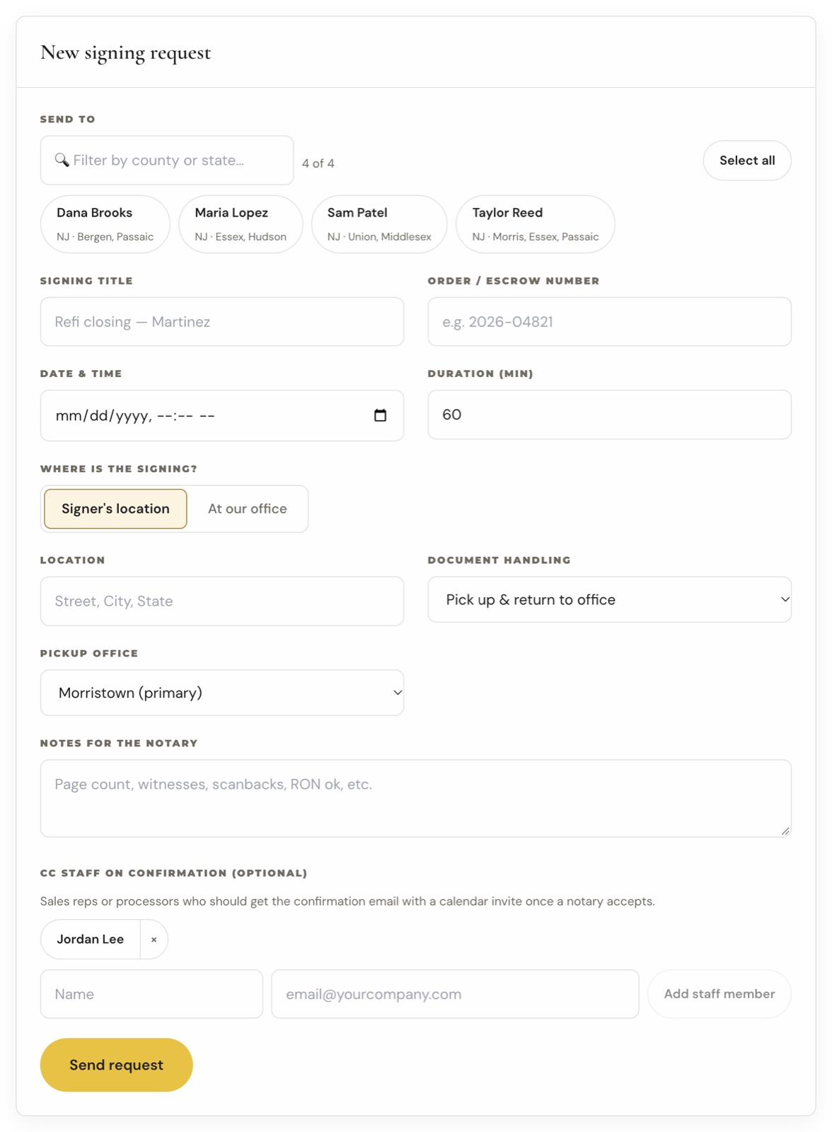 The new signing request form