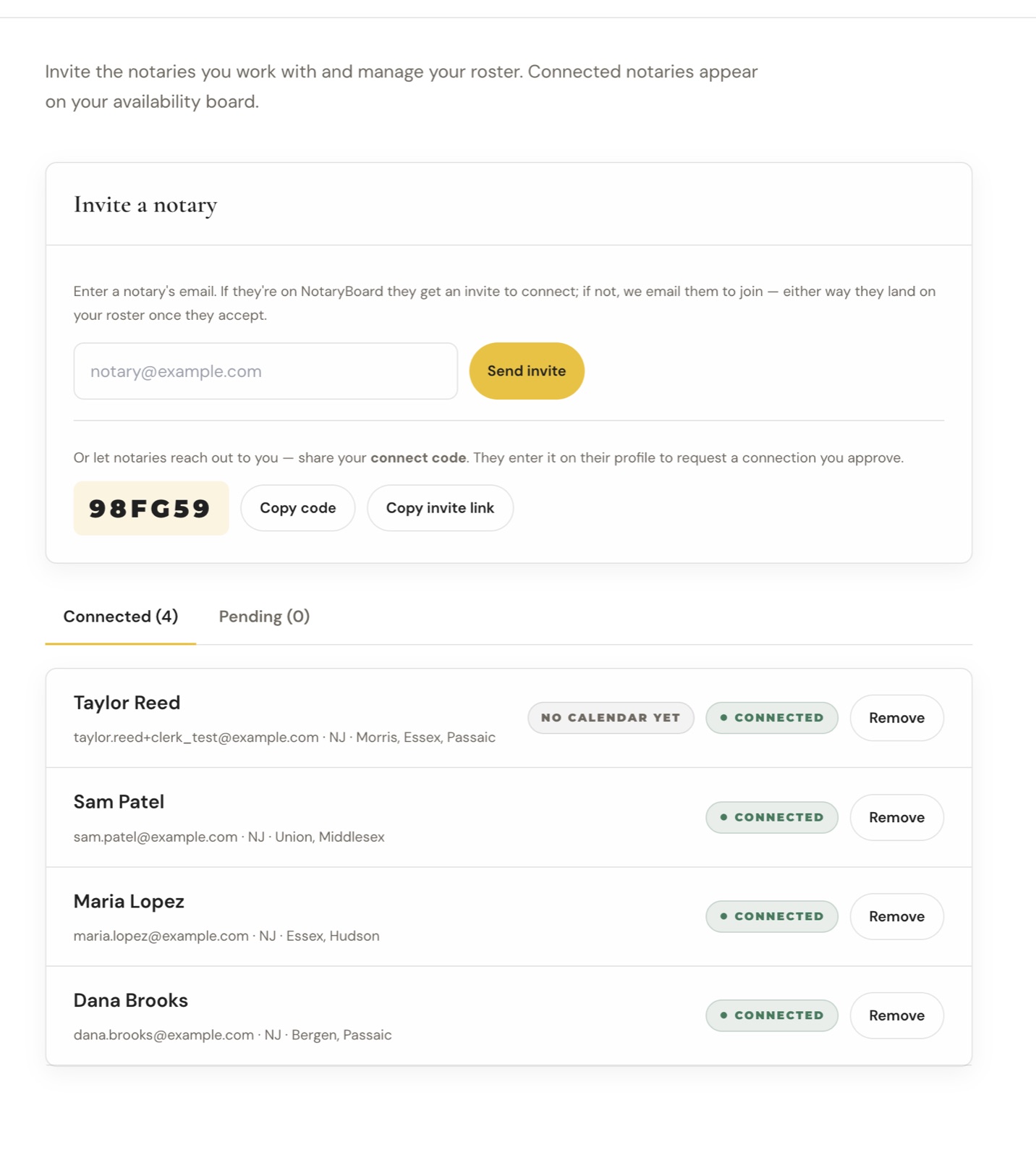 The Notaries page with the invite form, connect code and three connected notaries