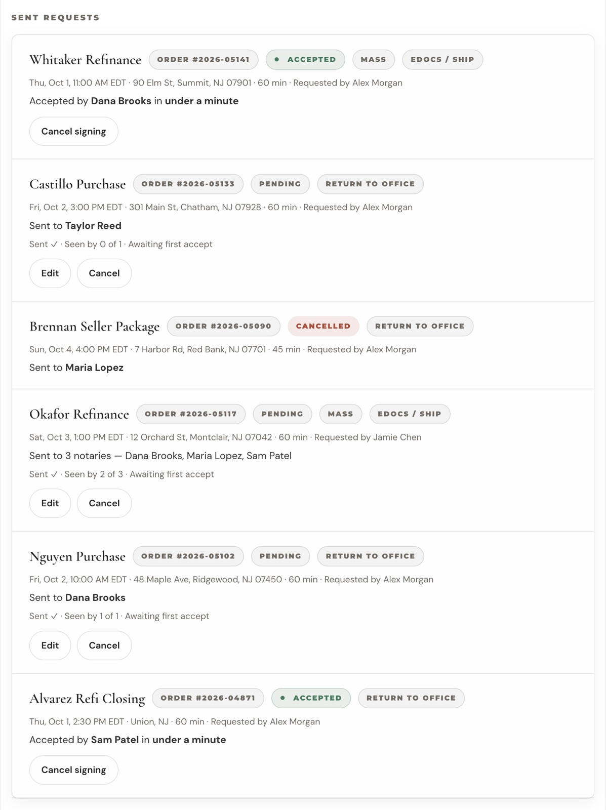 The sent requests list with accepted, pending, mass and cancelled requests