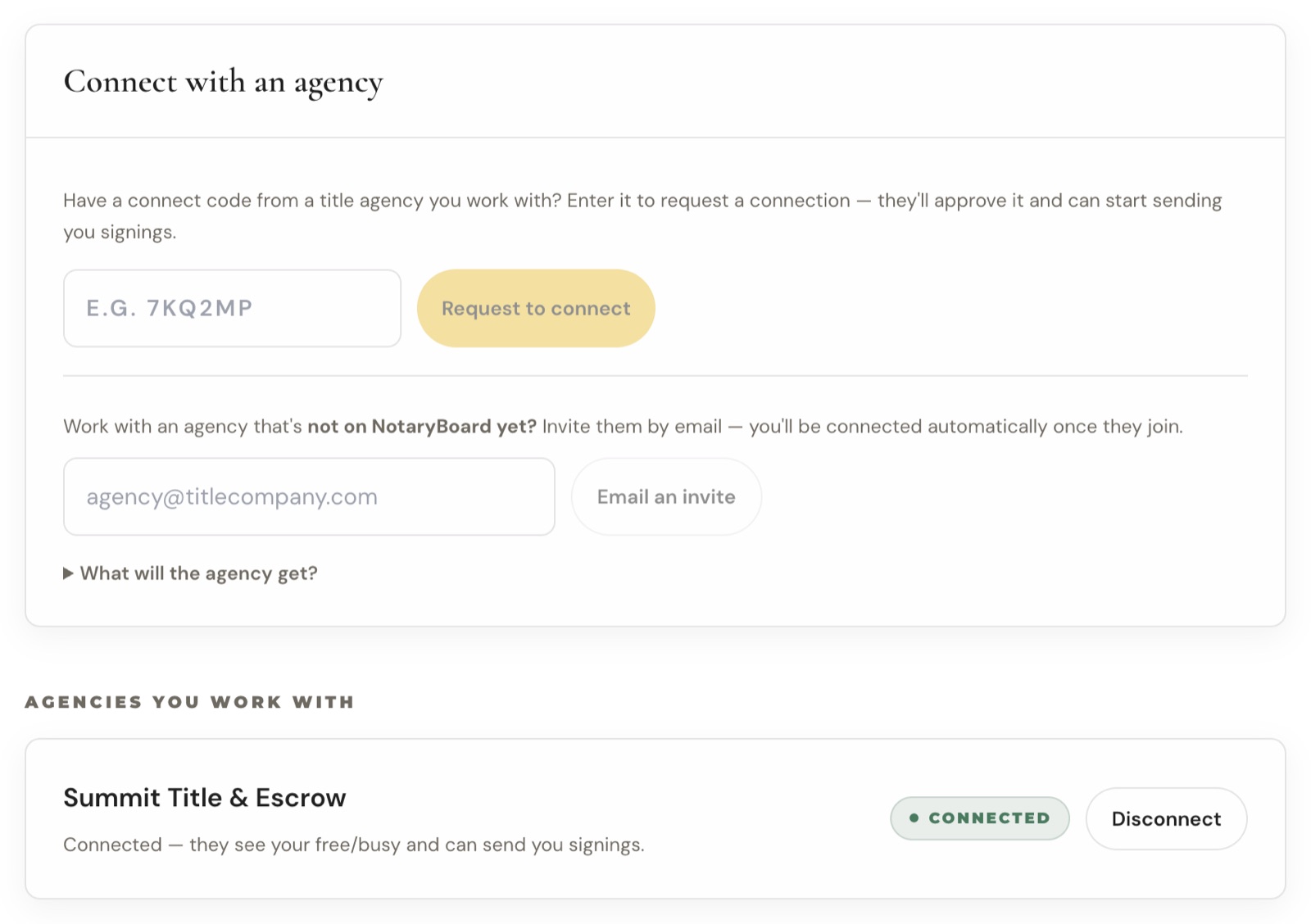 The connect with an agency section: connect code, email invite and connected agencies