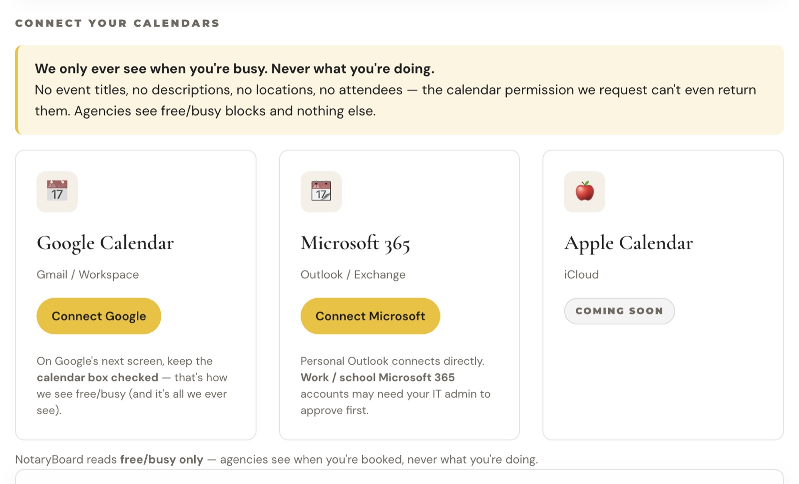 The calendar connection options: Google, Microsoft 365 and Apple (coming soon)