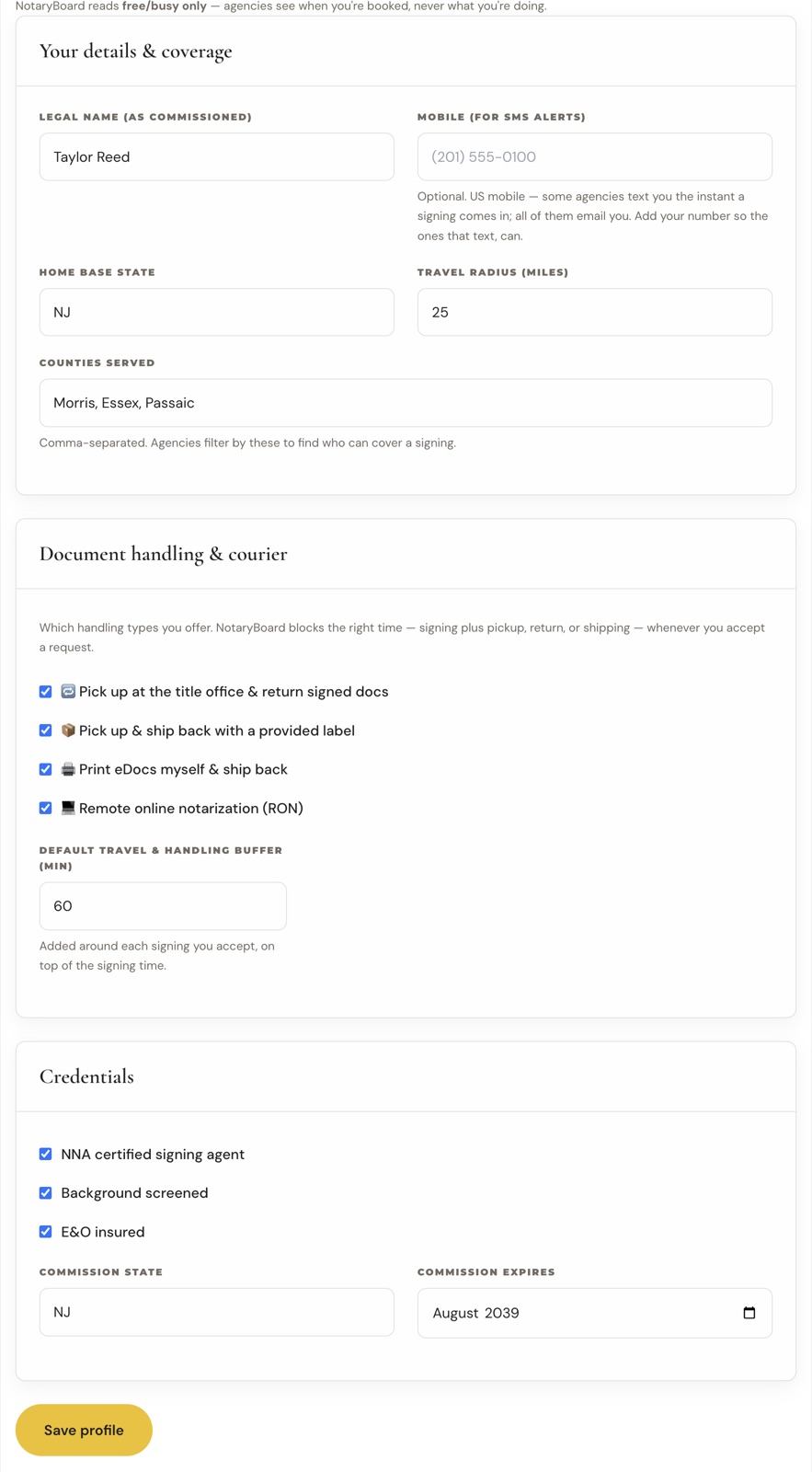 The profile form with coverage, handling and credentials