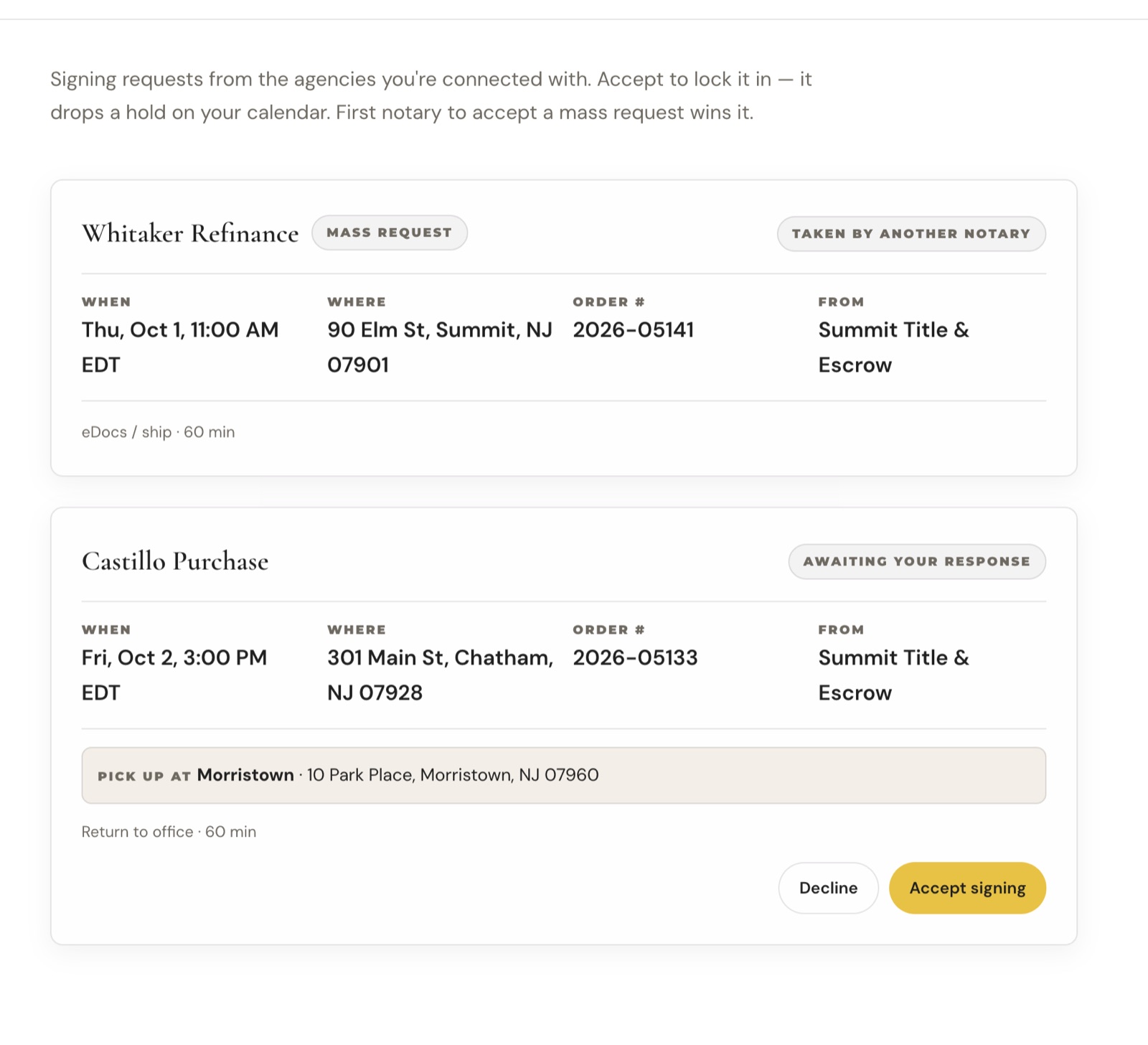 Incoming requests: one awaiting a response with Accept and Decline, one taken by another notary