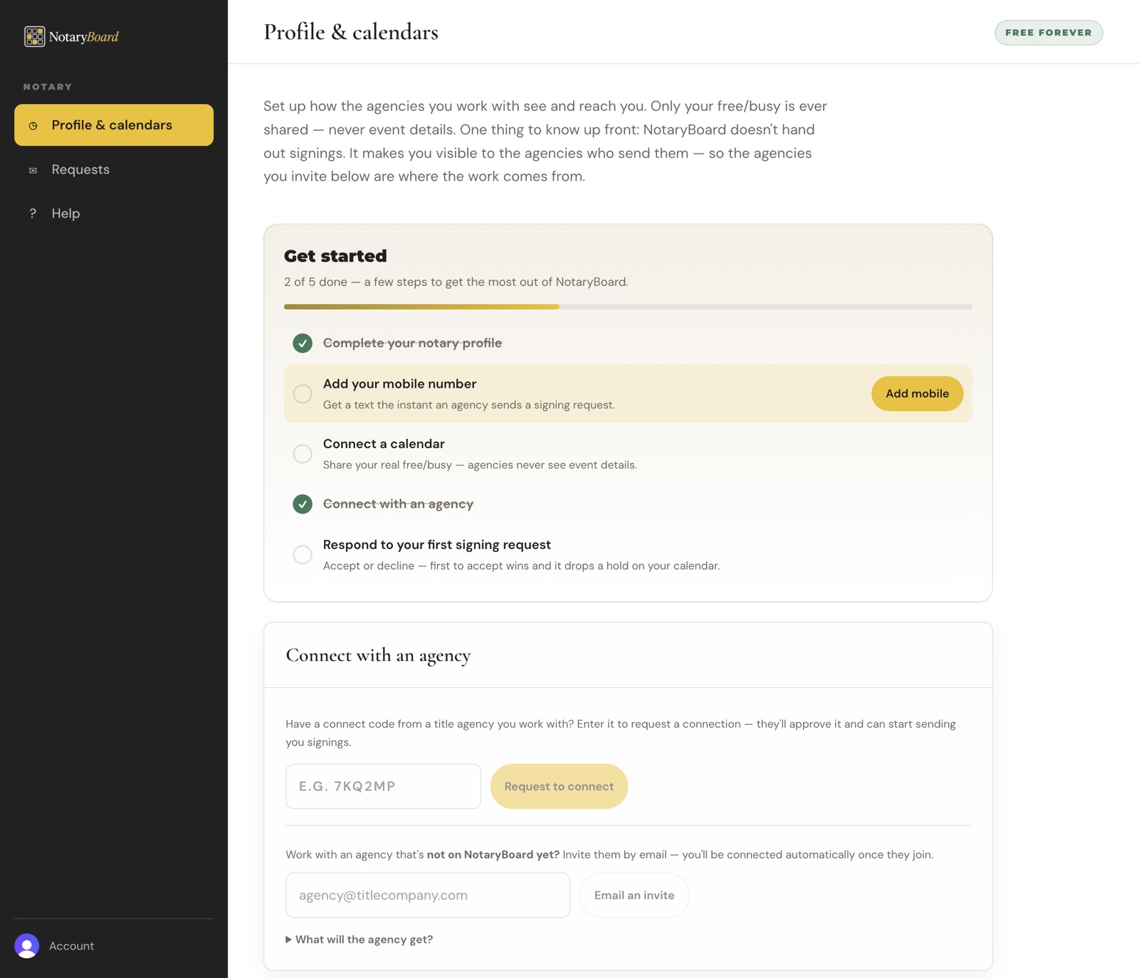 The Profile and calendars page with the Get started checklist
